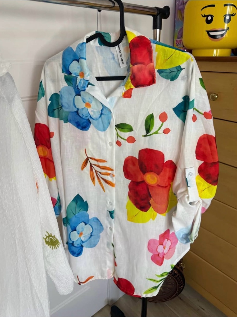 White Floral Button-Up Shirt with Bold Multicolor Blooms
